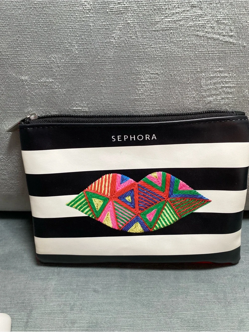 Sephora Striped Pouch with Colorful Embroidered Lip and 4 travel cosmetics